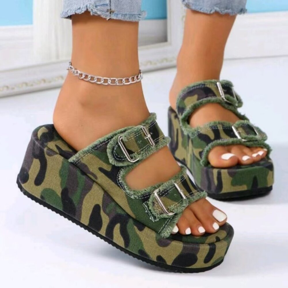 Raw Hem Wedge Buckle Sandals - Picture 2 of 3